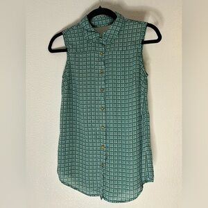Zac & Rachel Teal Geometric Sleeveless Button Down Shirt Size Medium